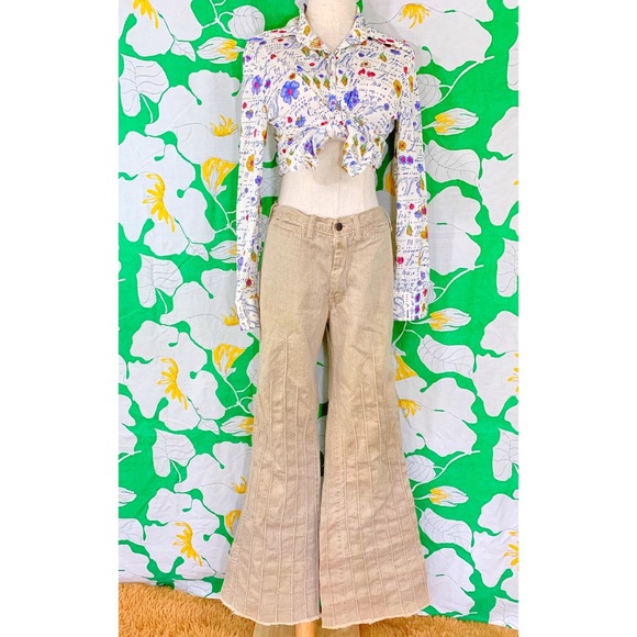 Rare Vintage 70s Khaki Patchwork Bell Bottoms - Picture 1 of 4